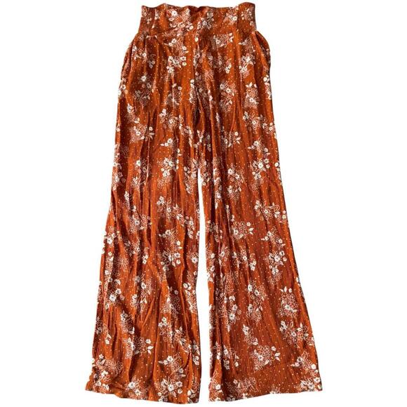 Rust Floral Wide Leg Smocked Pants - Size Small - Picture 1 of 4